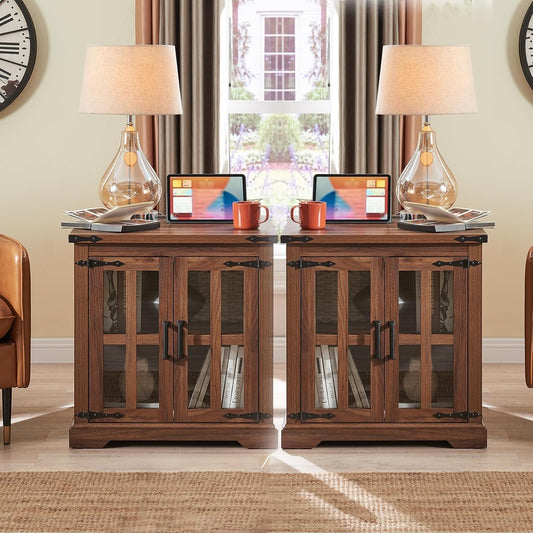 Farmhouse End Table with Charging Station,24" Large Side Table with Glass Barn Door, Rustic Wood Nightstand Bedside Table with Adjustable Storage Shelf for Living Room, Bedroom,Walnut,2 pack