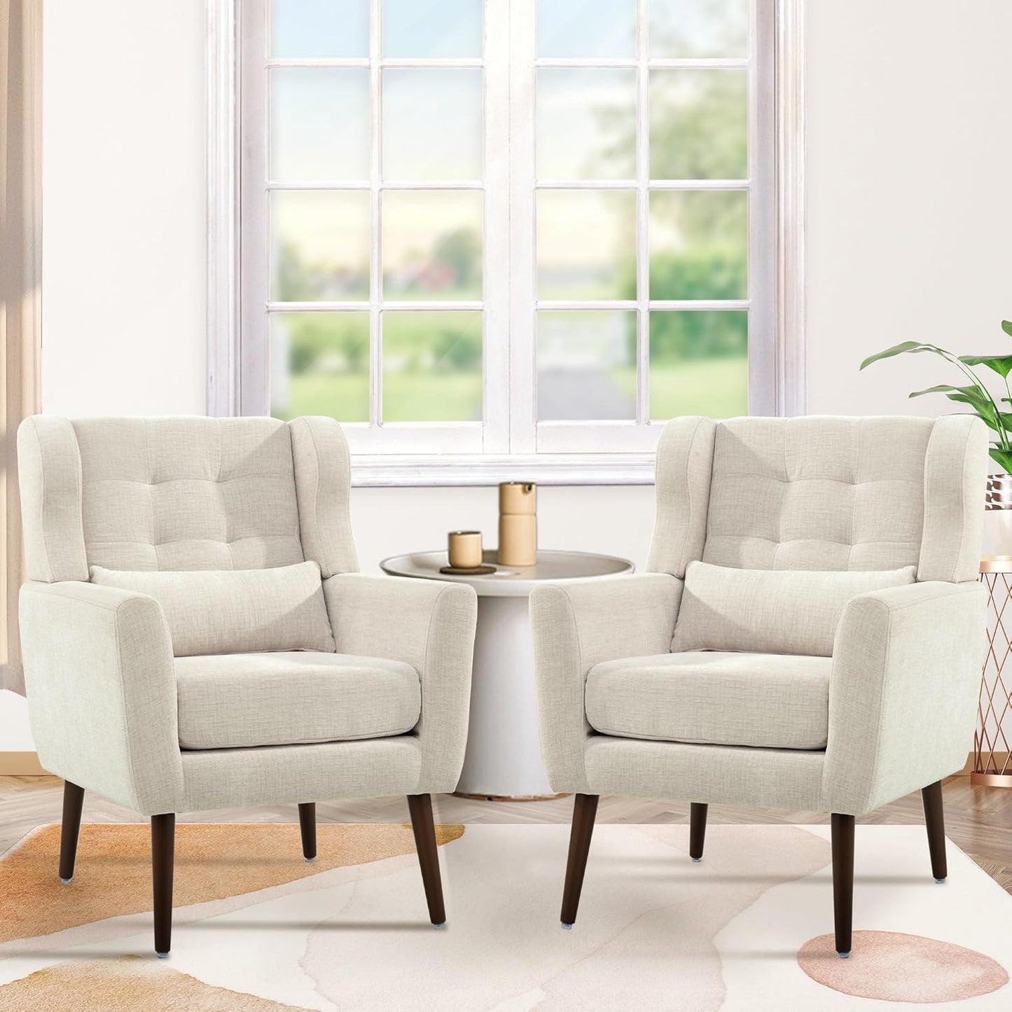 Modern Accent Chair, Upholstered Armchair with Pillow, Fabric Single Sofa Chair with Lounge Seat and Wood Legs Accent Chair for Living Room Bedroom Small Spaces (Beige, Set of 2)