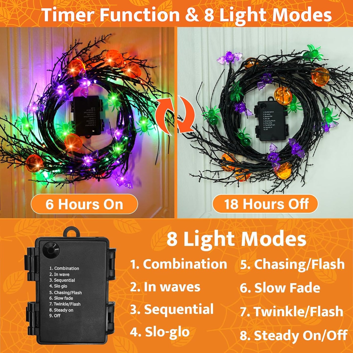 [8 Modes & Timer] 6 Ft Halloween Willow Vine Twig Decor Garland with Bats Pumpkins Spiders Lights, 54 LED Battery Operated Halloween Lights for Indoor Home Mantle Fireplace Decor