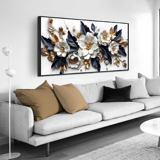 White Flowers Wall Art for Bedroom - White and Gold Wall Art for Office - Framed Wall Art for Living Room Large Size 29" x 59"
