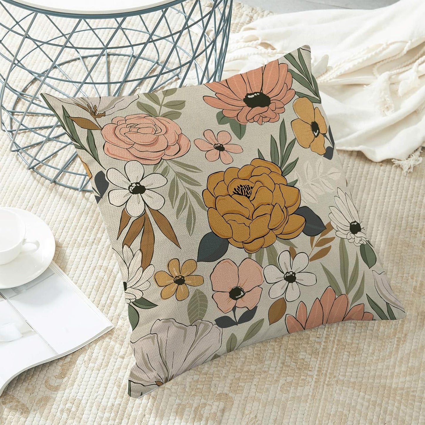 CXMEIFLY Spring Floral Pillow Covers 20 x 20 Inch Set of 2 for Vintage Mustard Yellow Pink Flowers Decor Throw Pillows Plant Cream Outdoor Decorative Cushion Cases for Couch Bed Decorations