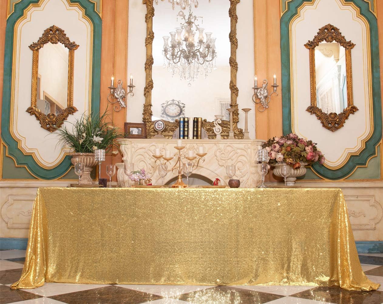 SquarePie Sequin Tablecloth 90 x 156 Inch Gold Sparkly Table Linen for Wedding Party