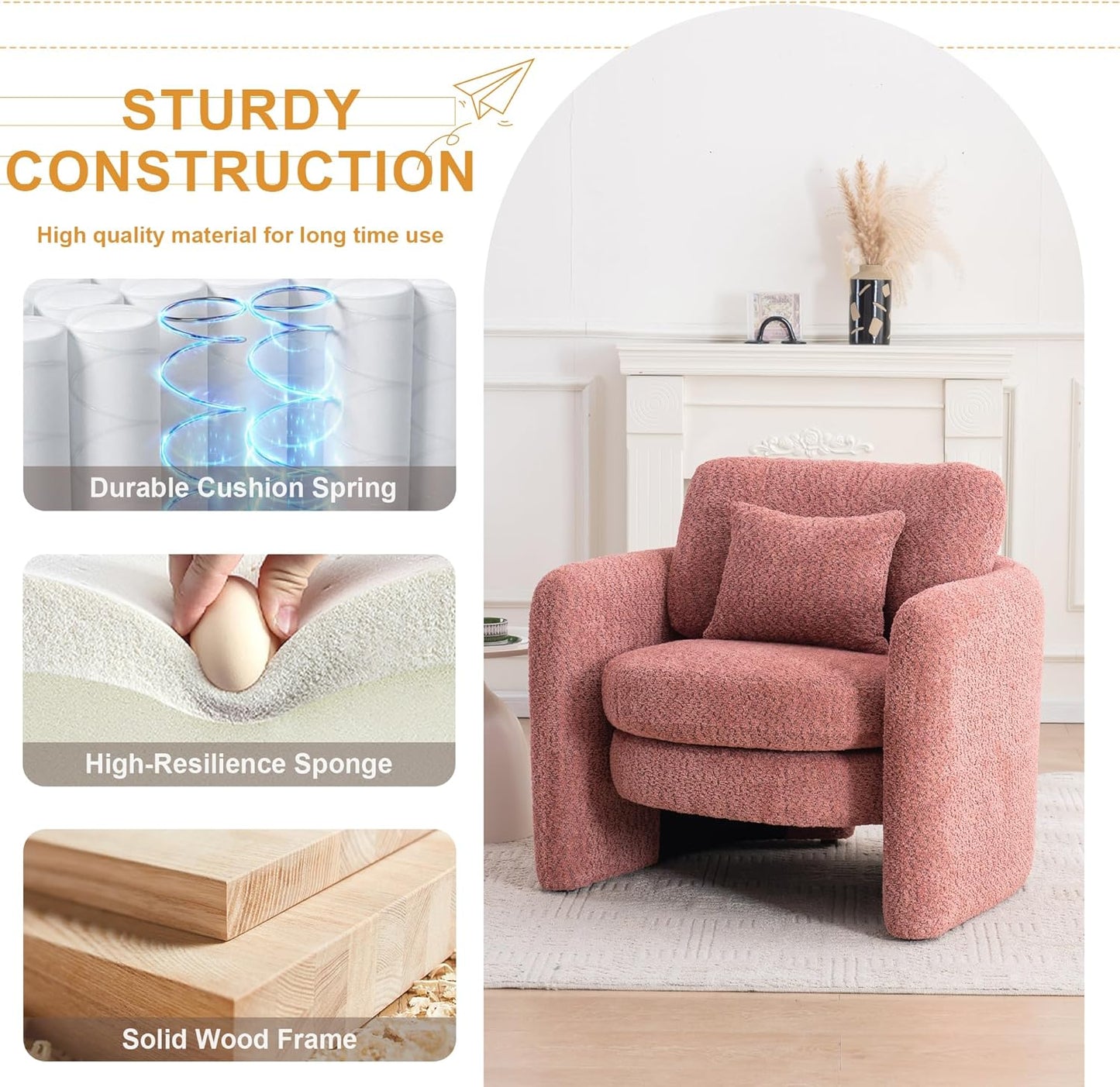 Chenille Accent Armchair Oversize Upholstered Barrel Comfy Modern Round Lounge Sofa Chair with Pillow Cozy Reading Chairs for Apartment,Office,Living Room,Dining,Makeup,Club,Pink