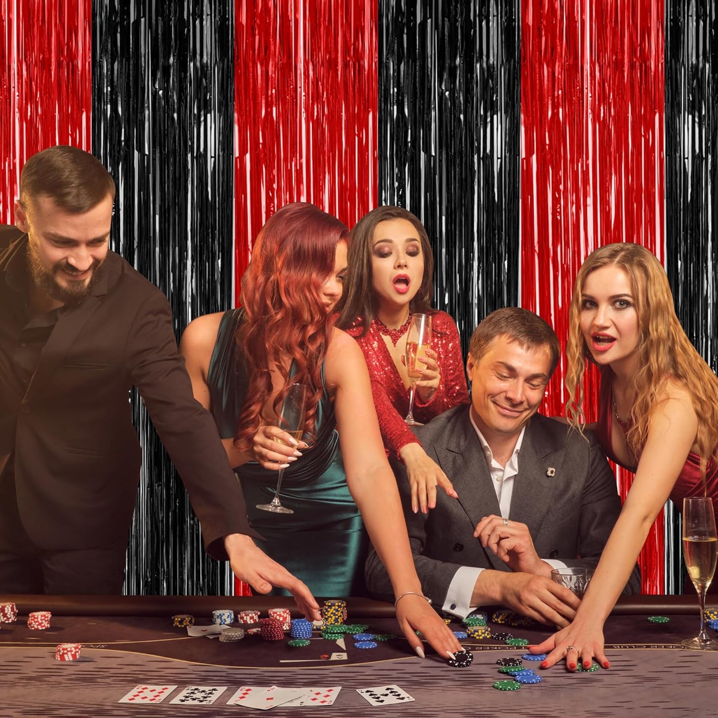 2 Pack Backdrop Curtains, 3.28 FT x 7.05 FT Black and Red Party Decor, Metallic Party Streamer Tinsel Foil Fringe Curtains, Foil Curtains Backdrop Halloween Decorations Party Supplies