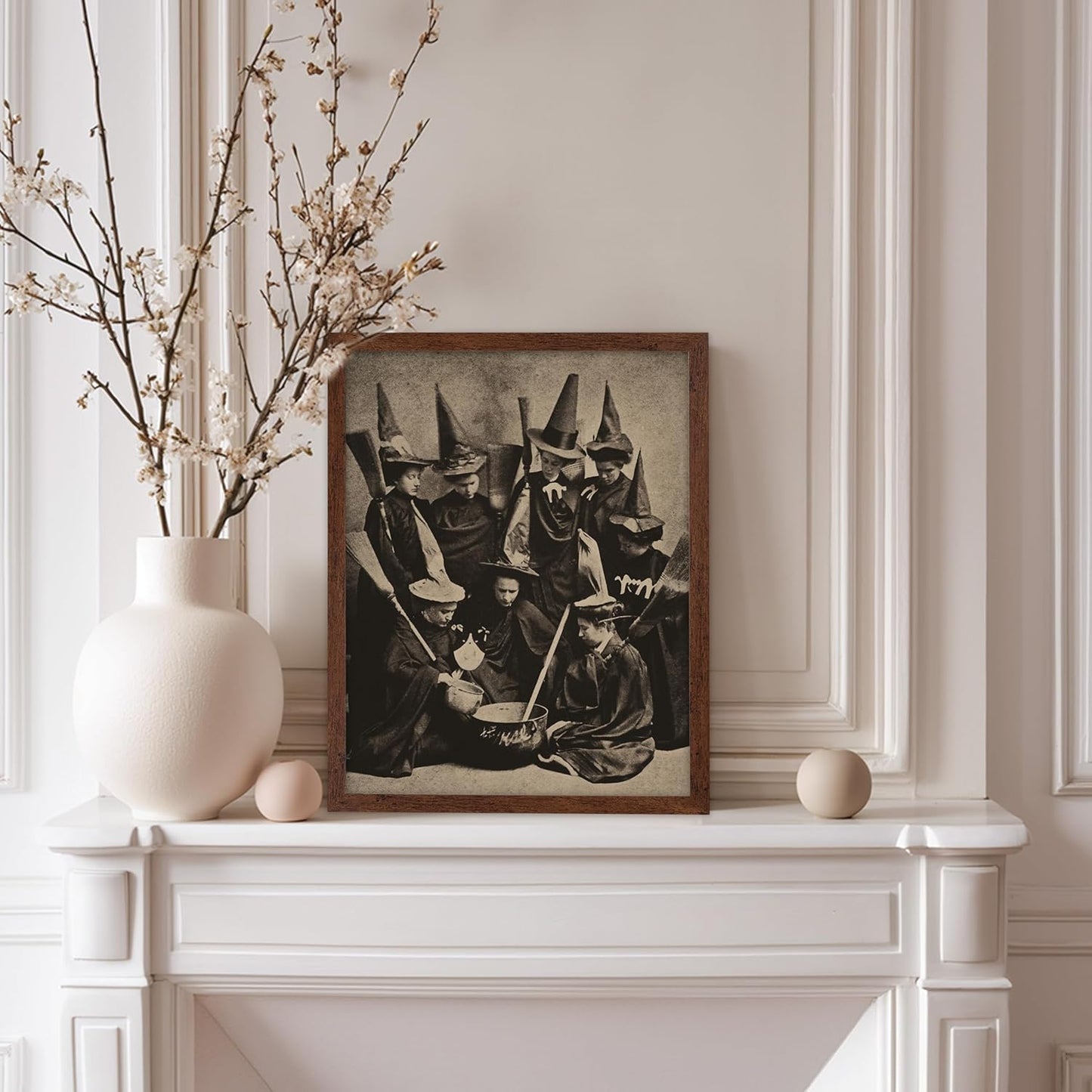 Poster Master Vintage Photograph Poster - Retro Halloween Print - Gift for Artist, Friend - Witches Cooking, Pointy Hats, Broomsticks, Black Magic - Wall Decor for Bedroom, 11x14 Brown Framed