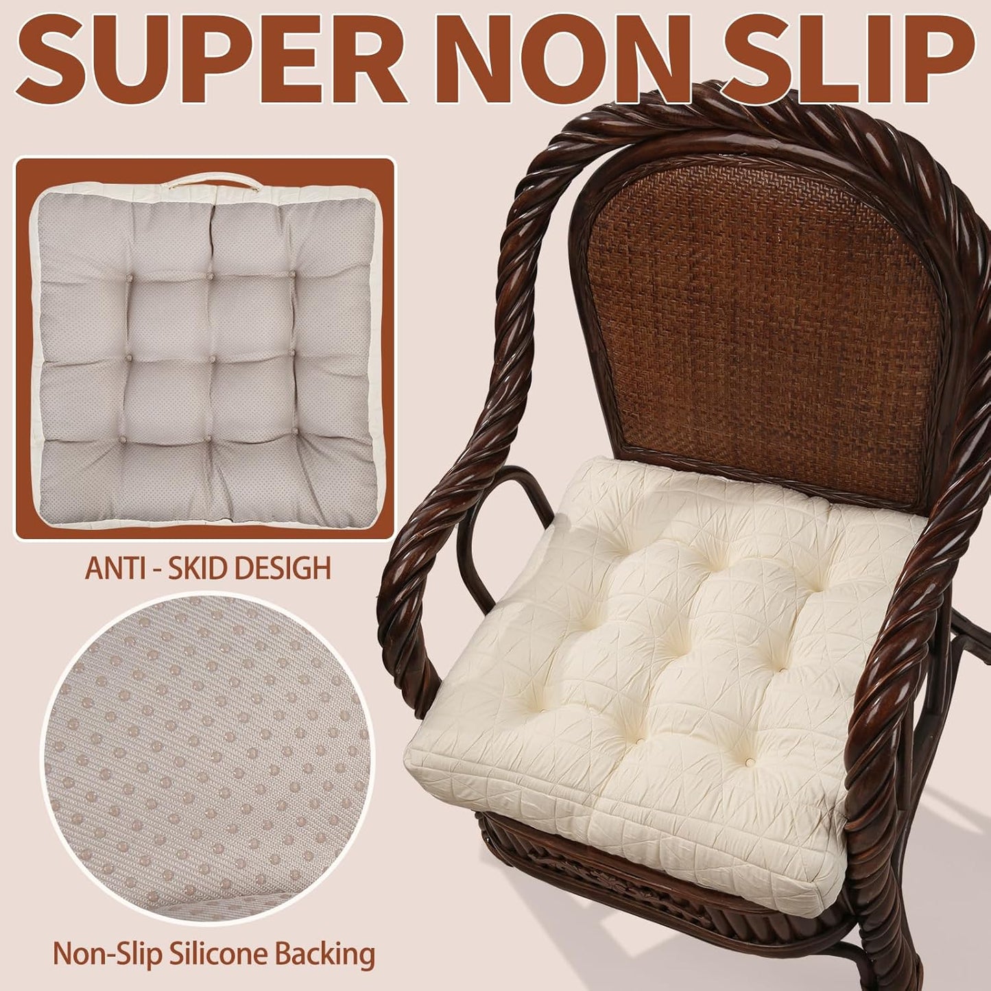 Large Chair Cushions with Handle, 20"x 20" Bite-Size Memory Foam Seat Cushions for Wicker Chair, Patio Non-Slip Rattan Chair Pads, Square Floor Cushion, Beige