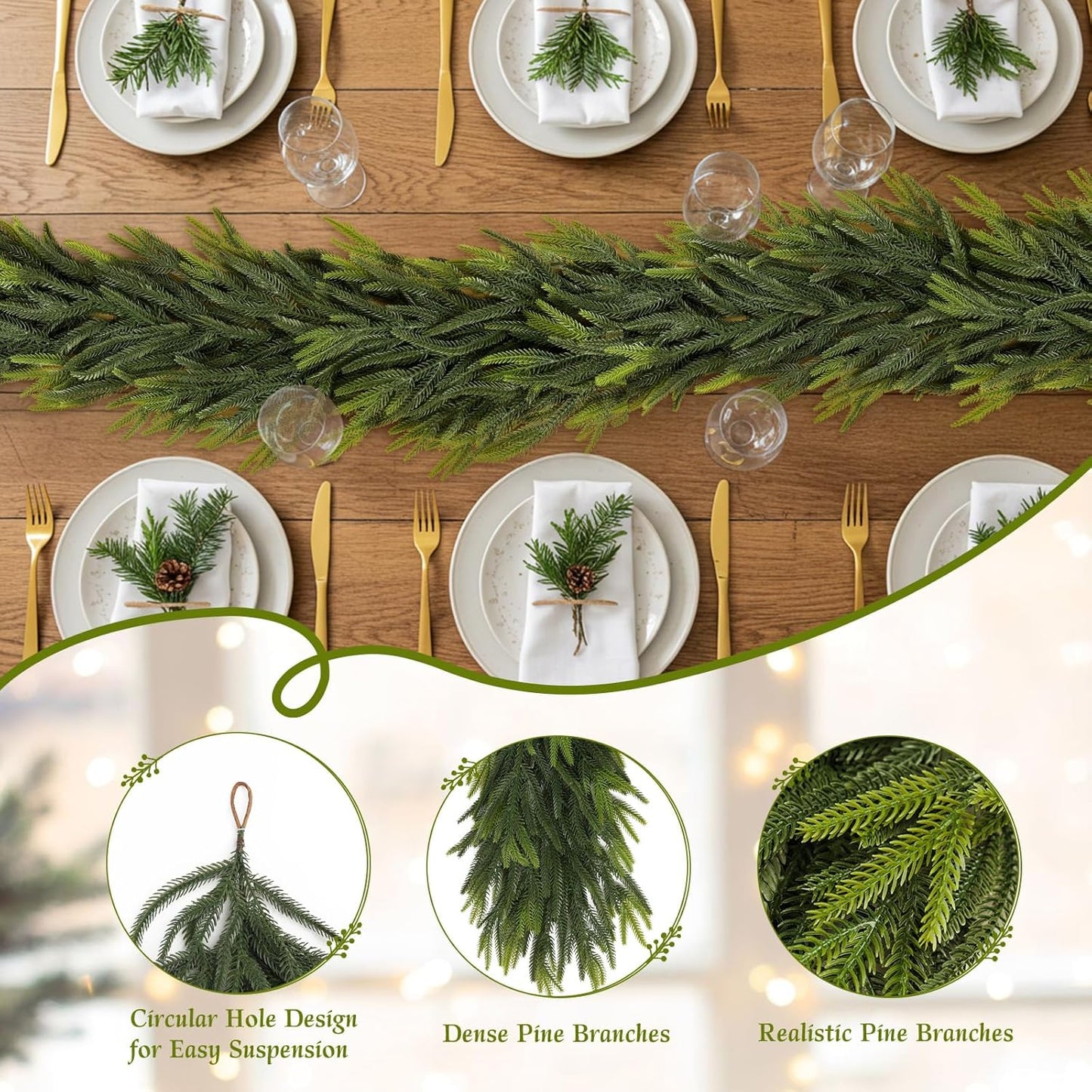N&T NIETING 9FT Christmas Norfolk Pine Garland, Real Touch Pine Garlands Faux Greenery Garland Winter Christmas Garland for Table Mantle Holiday Indoor Outdoor Xmas Decorations (4 Pcs)