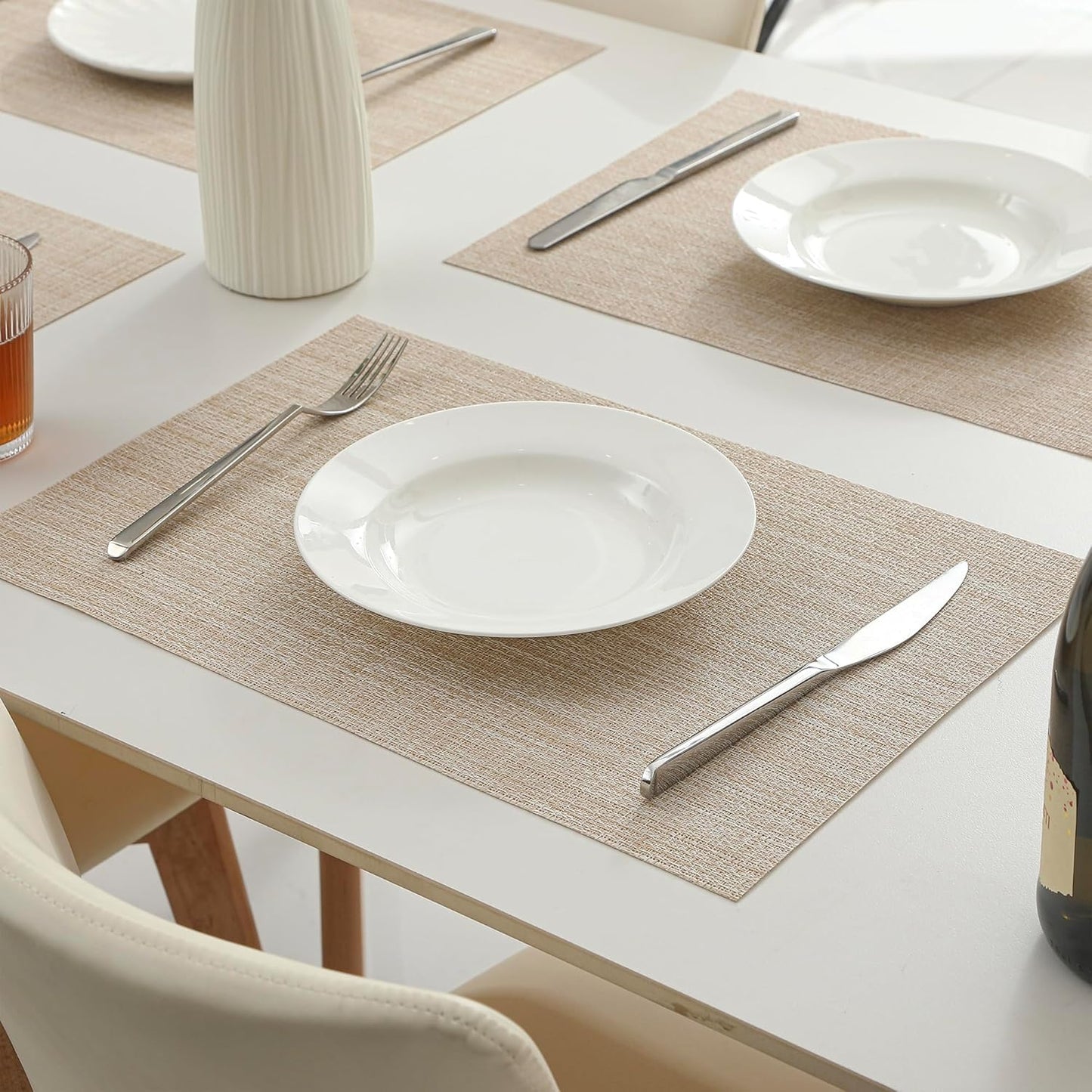 Leetaltree Beige Placemats Set of 16 - Heat Resistant Non-Slip Place mats for Dining Table, Washable Durable PVC Vinyl Woven Table Mats（Beige, 16）