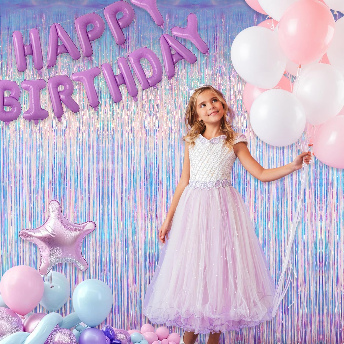 GOER 6.4 ft x 6.5 ft Metallic Tinsel Foil Fringe Curtains,Pack of 2 Party Streamer Backdrop for Mermaid Birthday Party Decorations(Neon Blue)