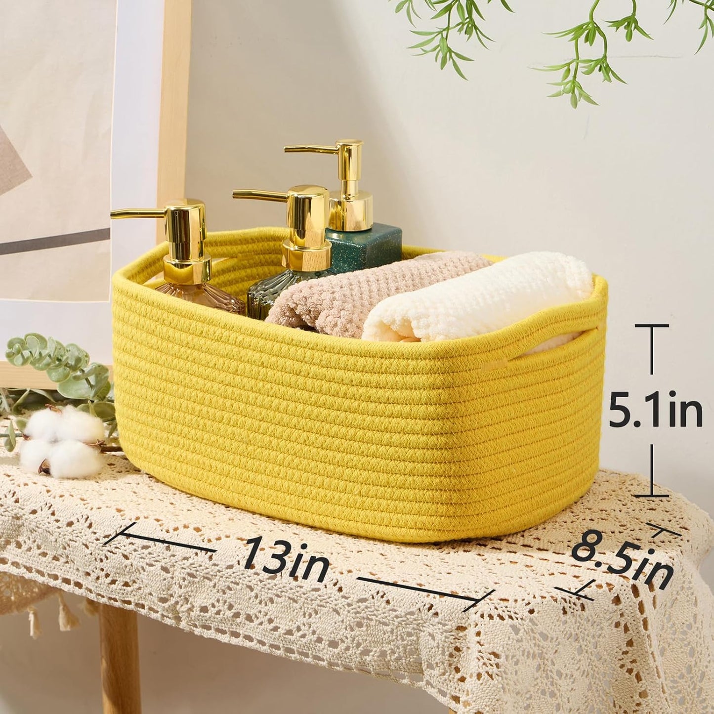 Small Storage Baskets for Organizing | Closet Organizer Bins | Shelf Toy Basket | Woven Rope Baskets | Cube Decorative Box | Shallow Basket | 13x8.5x5.1” | 4 Packs Yellow