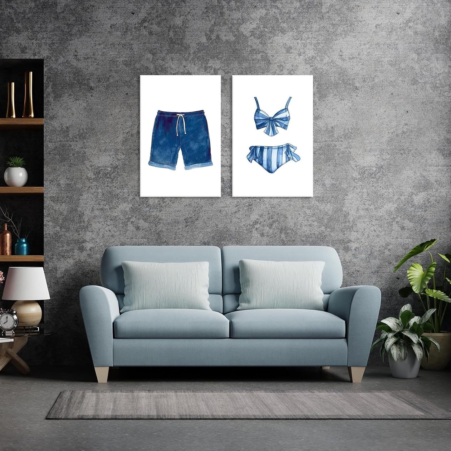 Liyark Set of 2 Retro Navy Blue And White Swimsuit Art Posters Beach Bathing Suit Prints Painting Beach House Wall Art Coastal Wall Decor Pictures For Bathroom Home Decoration 16x24in Framed