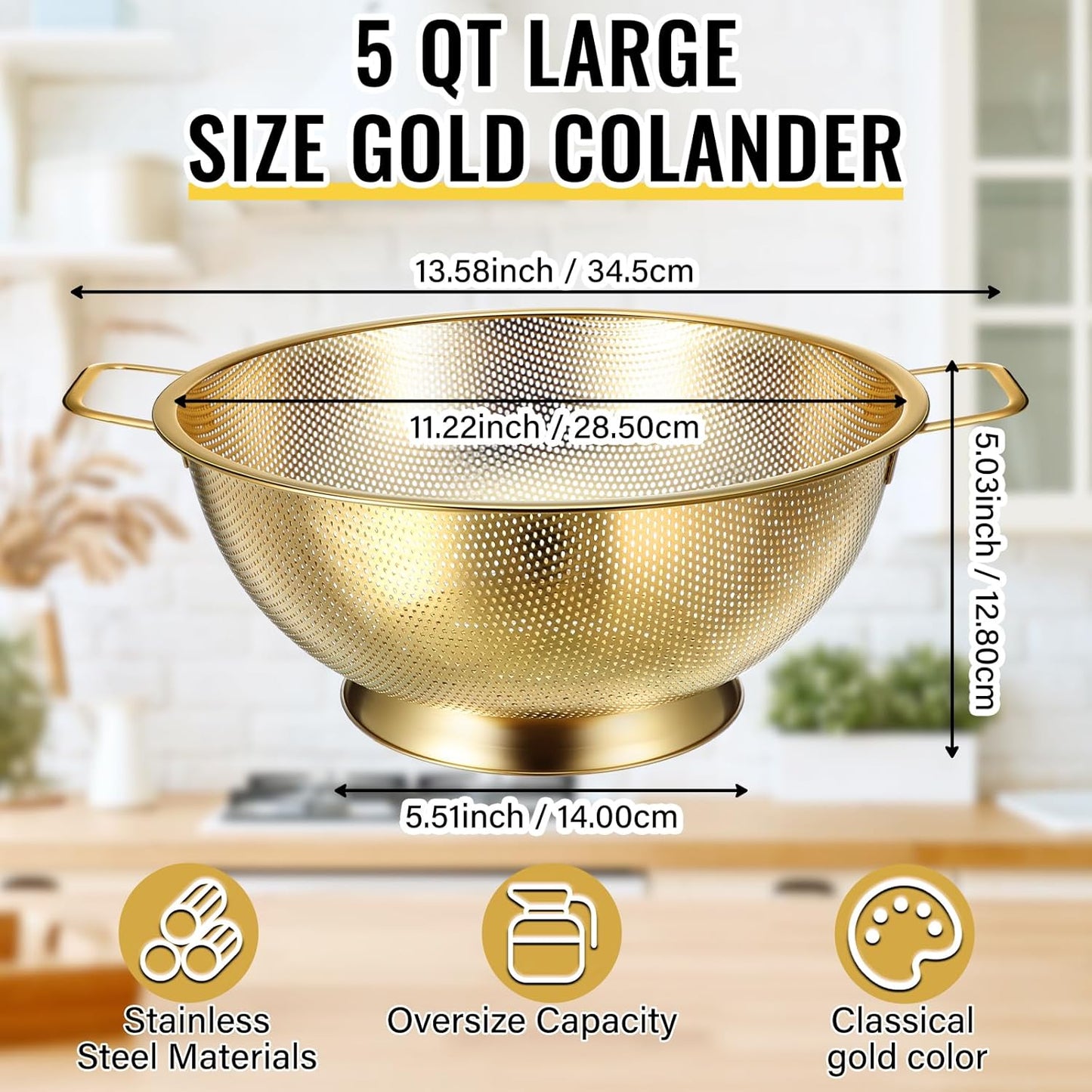 Norme 5 Quart Stainless Steel Gold Colander and 3 Pcs Gold Fine Mesh Strainer, Stainless Steel Pasta Rice Food Metal Strainer with Handles, Easy Clean and Dishwasher Safe