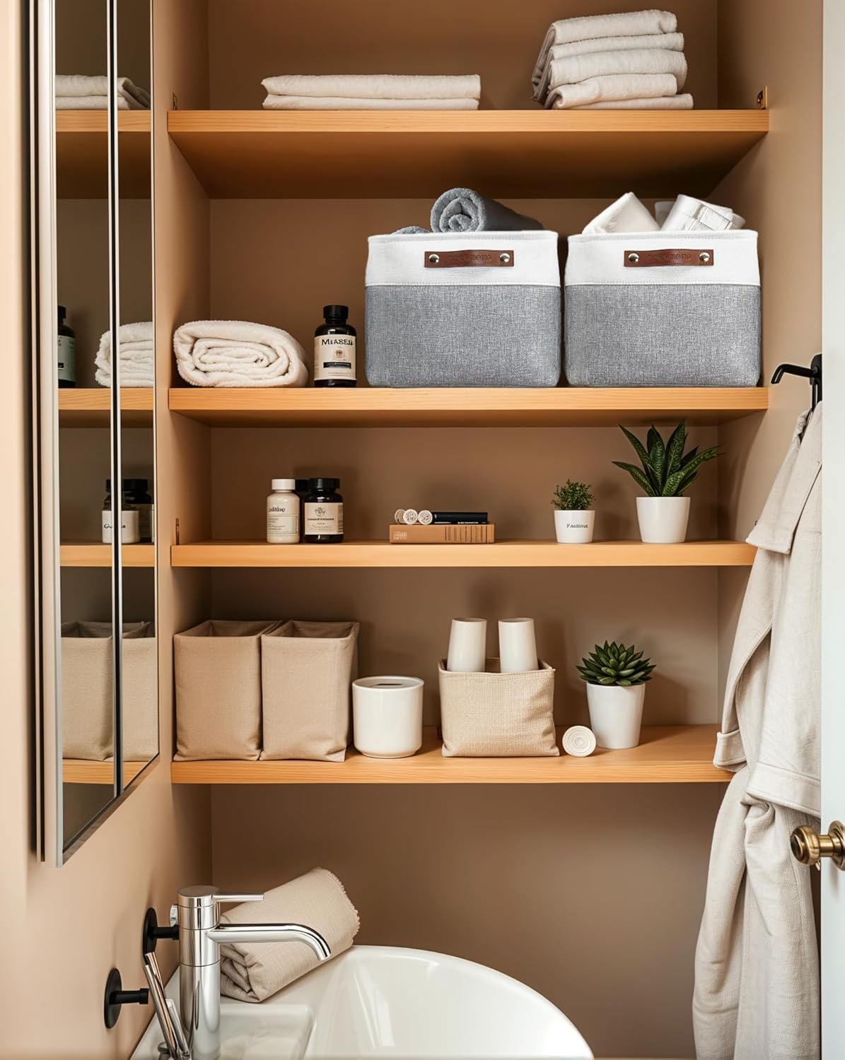 DECOMOMO Storage Bins Fabric Storage Baskets for Shelves, Linen Closet Organization Toys Nursery (Grey and White, Large - 3 Pack)