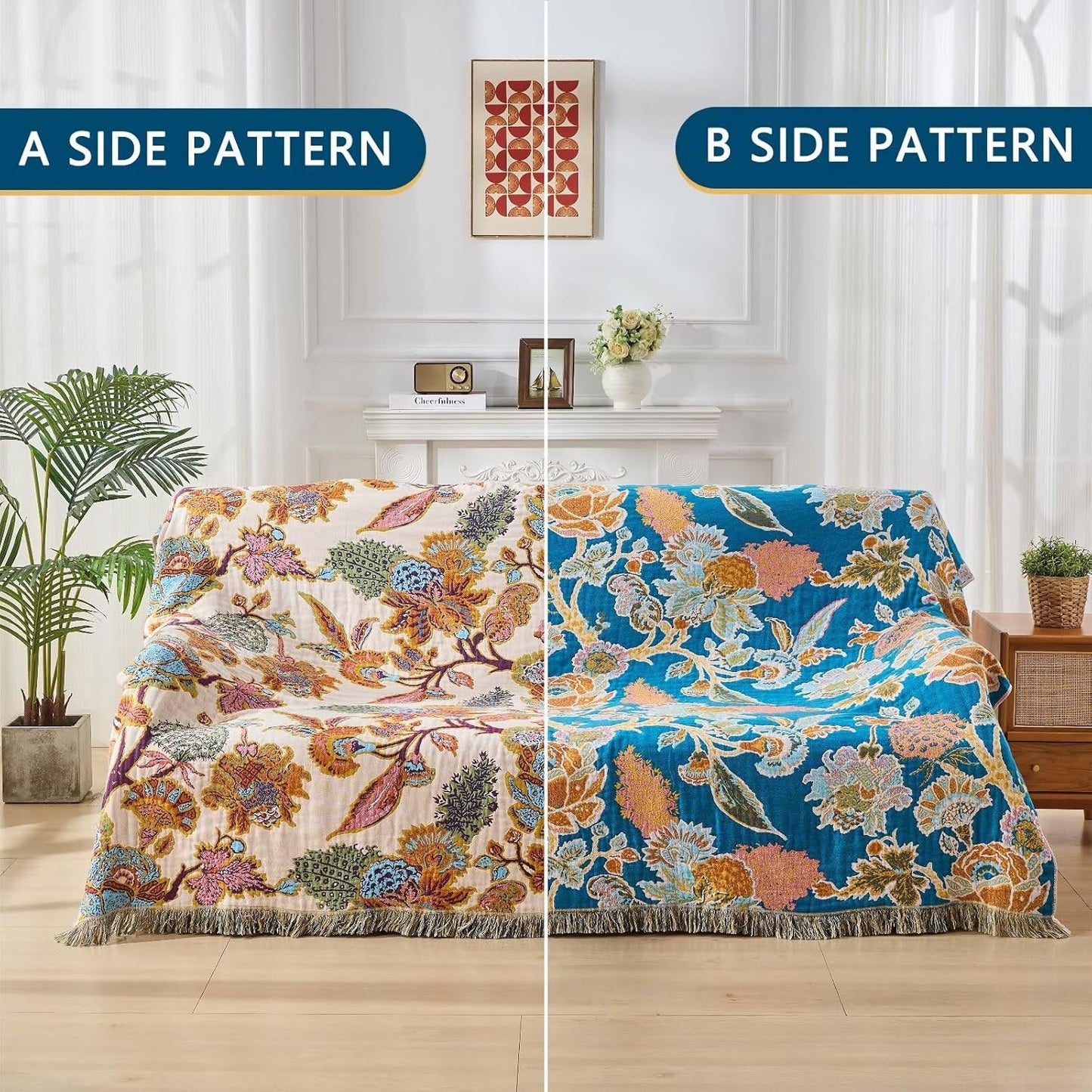 Boho Throw Blanket for Bed, Lightweight Reversible Summer Quilt, Cotton Blanket, Queen Size Boho Floral Bird Colorful Retro Quilt Ultra Soft Reversible Gauze Blanket for All Season, 80"x90"