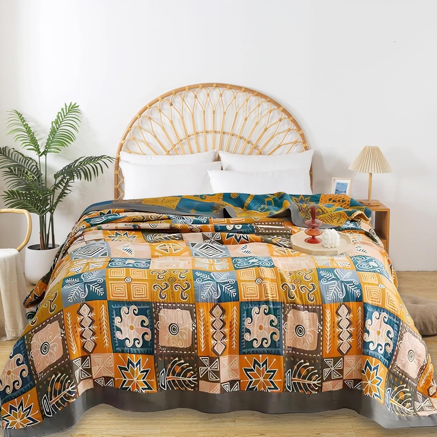 Boho Throw Blanket for Bed - 100% Pure Cotton Ultra Soft Rustic Quilt - Farmhouse Decor Bed Blankets, All Season Rustic Throw for Sofa Couch Chair(91''x 98'', Art Squares)