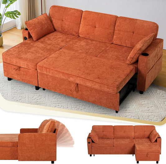 84 Inches Chenille Sectional Sofa w/Pull-Out Sofa Bed & Adjustable Back, Tufted L-Shaped Couch w/Storage Chaise, Sleeper Sectional Sofa w/USB Port & Cup Holders for Living Room, Orange