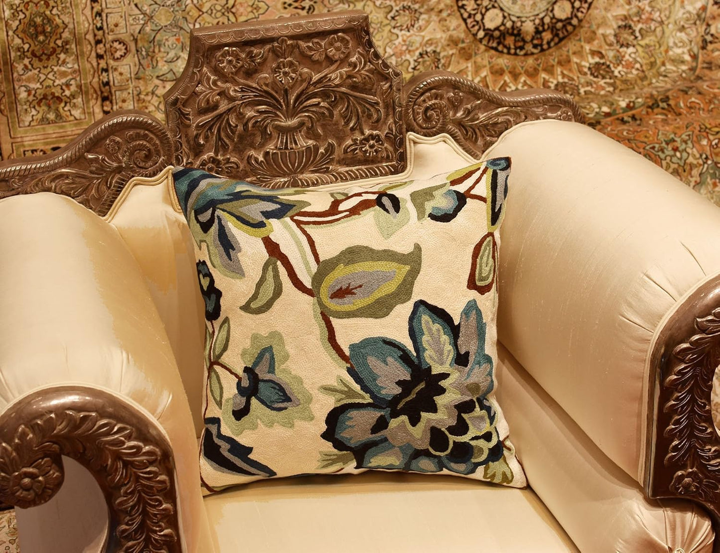 Modern Cream Decorative Floral Pillow Cover Needlepoint White Flower Hand Embroidered Pillowcase Flowery Outdoor Suzani Accent Cushion Boho Chair Modern Chair Pillowsham Wool Size 18x18