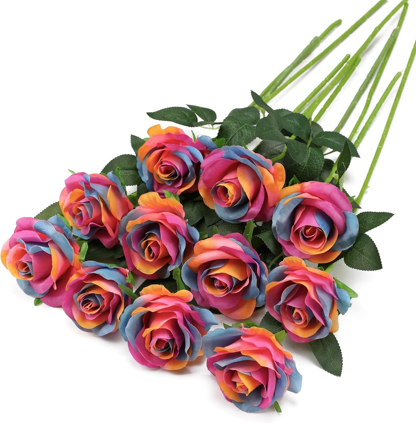 Rainbow Fake Roses Artificial Flowers - 10 Pcs Fake Artificial Roses Silk Flowers with Stems for Home Wedding Hotel Office Centerpiece Decor（Rainbow）