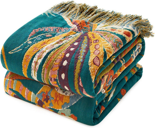 MSGKV Boho Throw Blanket for Couch Bed Chair 100% Cotton Muslin Breathable Embroidery Blanket 50"x60" Sofa Blankets for All Seasons Lightweight Farmhouse Blankets Boho Home Decor