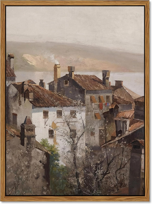 Floating Framed Vintage Canvas Wall Art, European Country Towns Wall Decor Oil Paintings Artwork, Rustic Farmhouse Posters Prints Pictures for Living Room Hallway Bedroom 16x24 inch