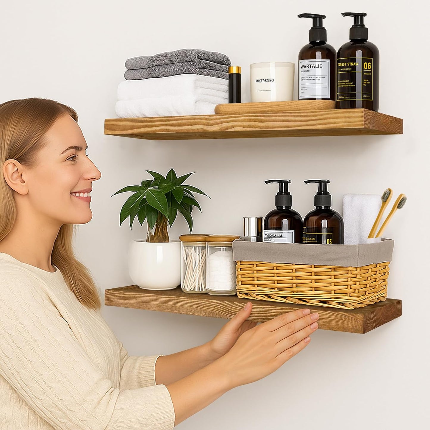 BGMG Wood Floating Shelves for Wall 24 inch Set of 2, Rustic Wooden Wall Mount Shelves for Living Room Bedroom Kitchen Farmhouse-24x6.7x1.25 inch- Gold Oak