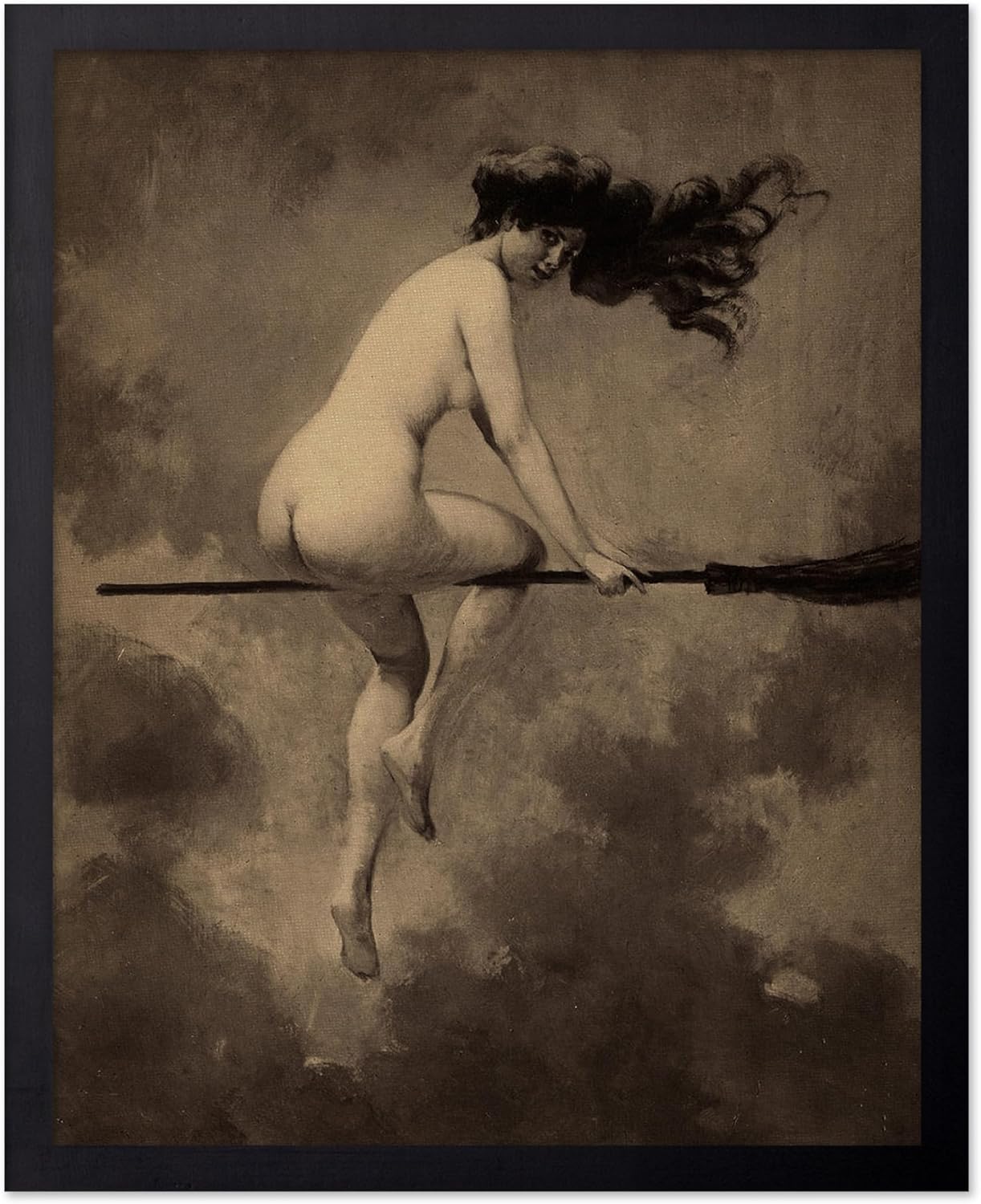 Poster Master Vintage Albert Joseph Penot Poster - Retro Halloween Print - Gift for Artist, Friend - Departure for the Sabbath, Naked Witch on Broom - Wall Decor for Bedroom, 11x14 Black Framed