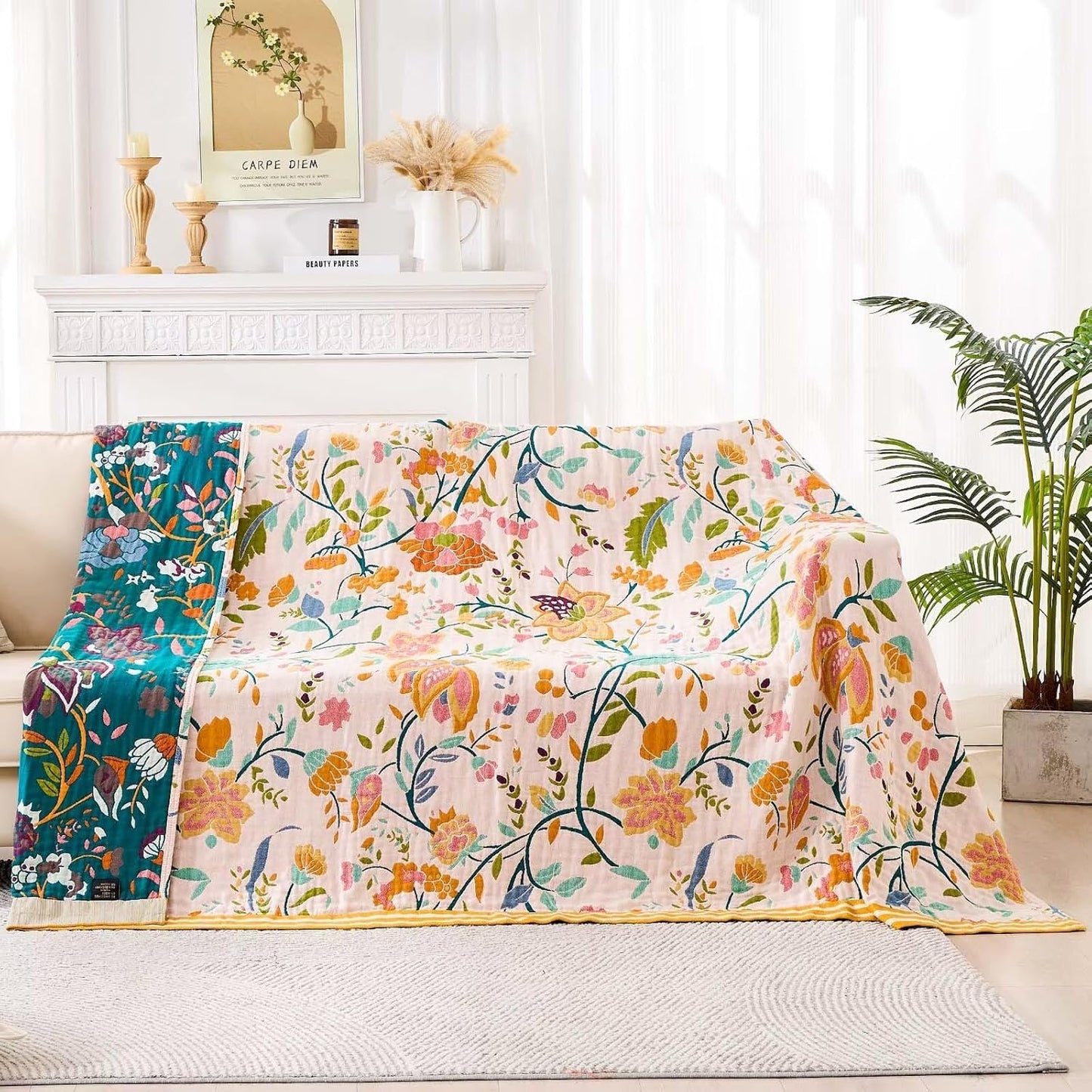 Boho Throw Blanket for Bed, 100% Cotton Soft Rustic Quilt Fall Blanket, 50"x60" Yellow Floral Printed Farmhouse Decor Bed Blankets, All Season Rustic Reversible Bohemian Throw Quilt