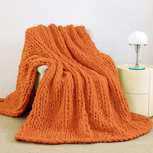 Admitrack Chunky Knit Blanket Throw, 100% Hand Knit Chenille Throw Blanket for Sofa & Home Decor, Soft and Cozy Knitted Throw Blankets (Orange, 51"x63")