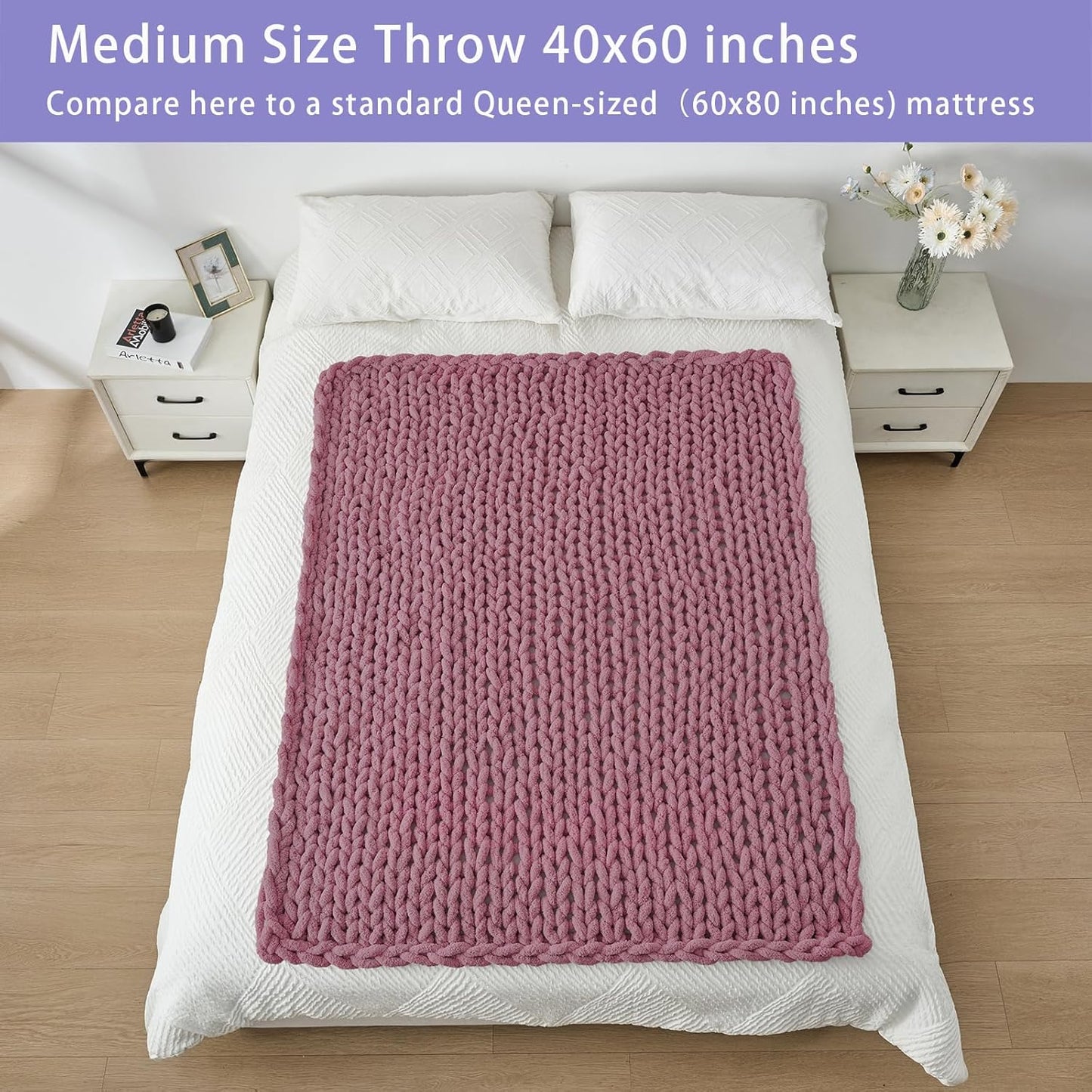 Bigacogo Chunky Knit Throw Blanket for Couch, 40x60 inches, 100% Hand Knitted with Thick Jumbo Chenille Yarn, Cozy Soft Large Rope Knot Cable Crochet Blankets for Sofa Bed Living Room, Burnt Rose