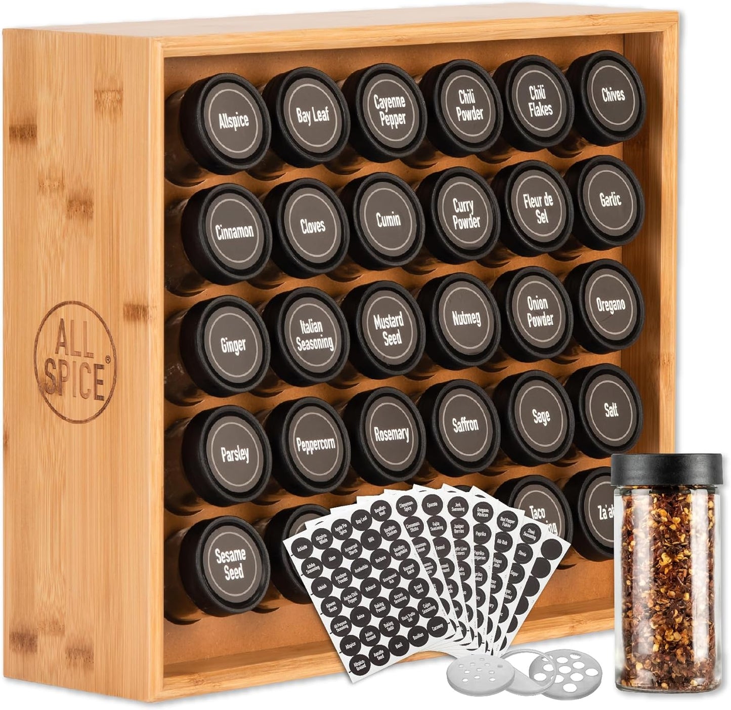 AllSpice Spice Rack Organizer, Wood, 525 Unique Labels, Countertop or Wall Mount, Includes 30 4oz Jars- Bamboo