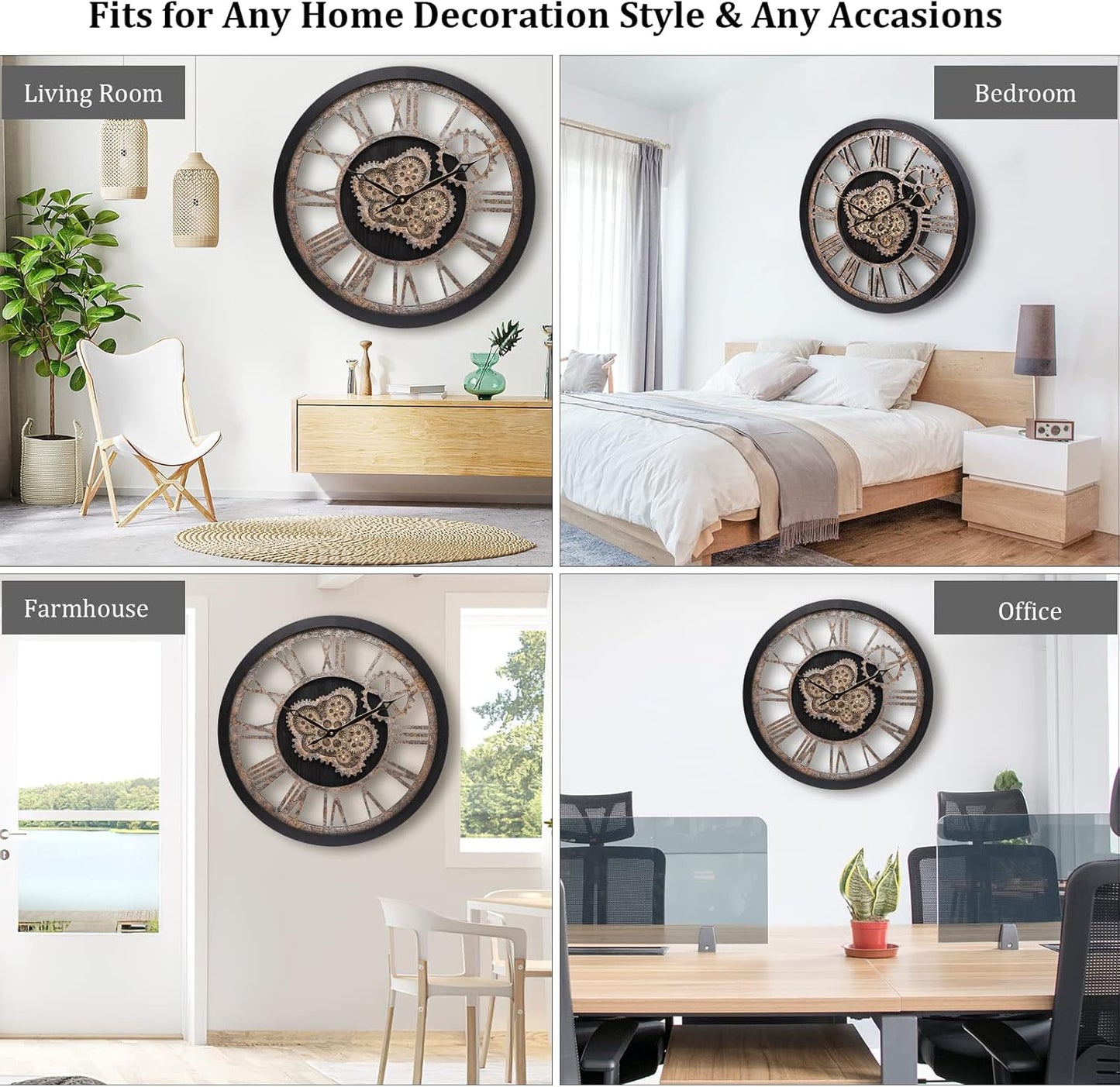 HOIBAI Wall Clock, Large Wall Clocks for Living Room Decor 18 Inch Battery Operated Silent Non-Ticking Modern Farmhouse Vintage Roman Big Wall Clock for Home Bedroom House, Moving Gears Clock