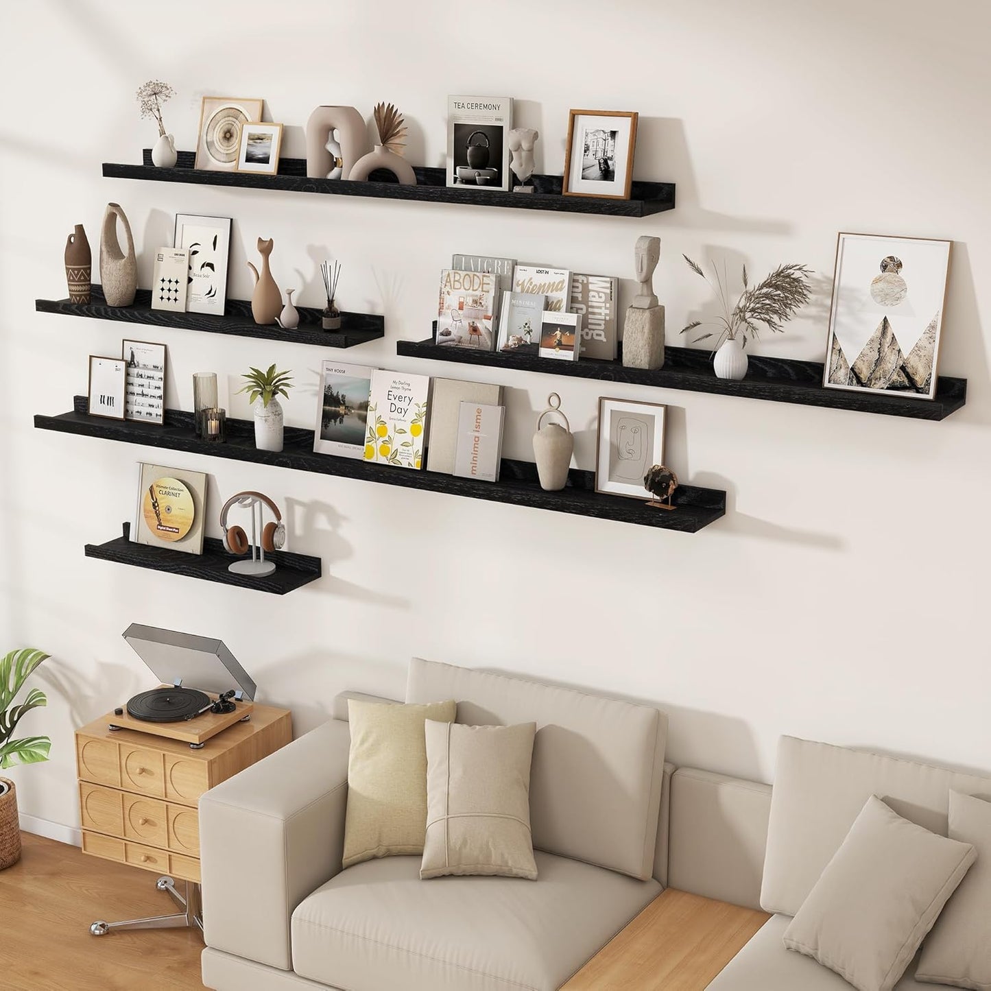 Floating Picture Ledge Shelves 55 Inch Solid Oak Wood Set of 2, Rustic Wall Storage Shelves with Lip, Kids Bookshelf, Photo & Picture Ledge Shelves for Bedroom, Living Room, Kitchen