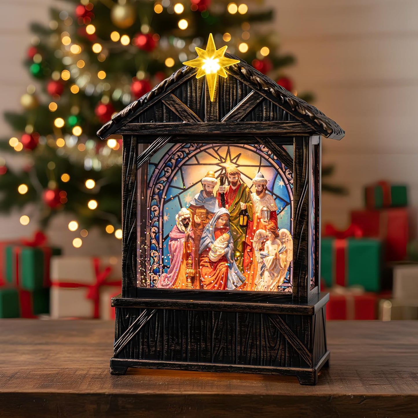 Christmas Snow Globe Lantern Water Glittering Nativity Manger with Star, USB Lined/Battery Operated Lighted Lantern for Christmas Festival Decoration Gifts