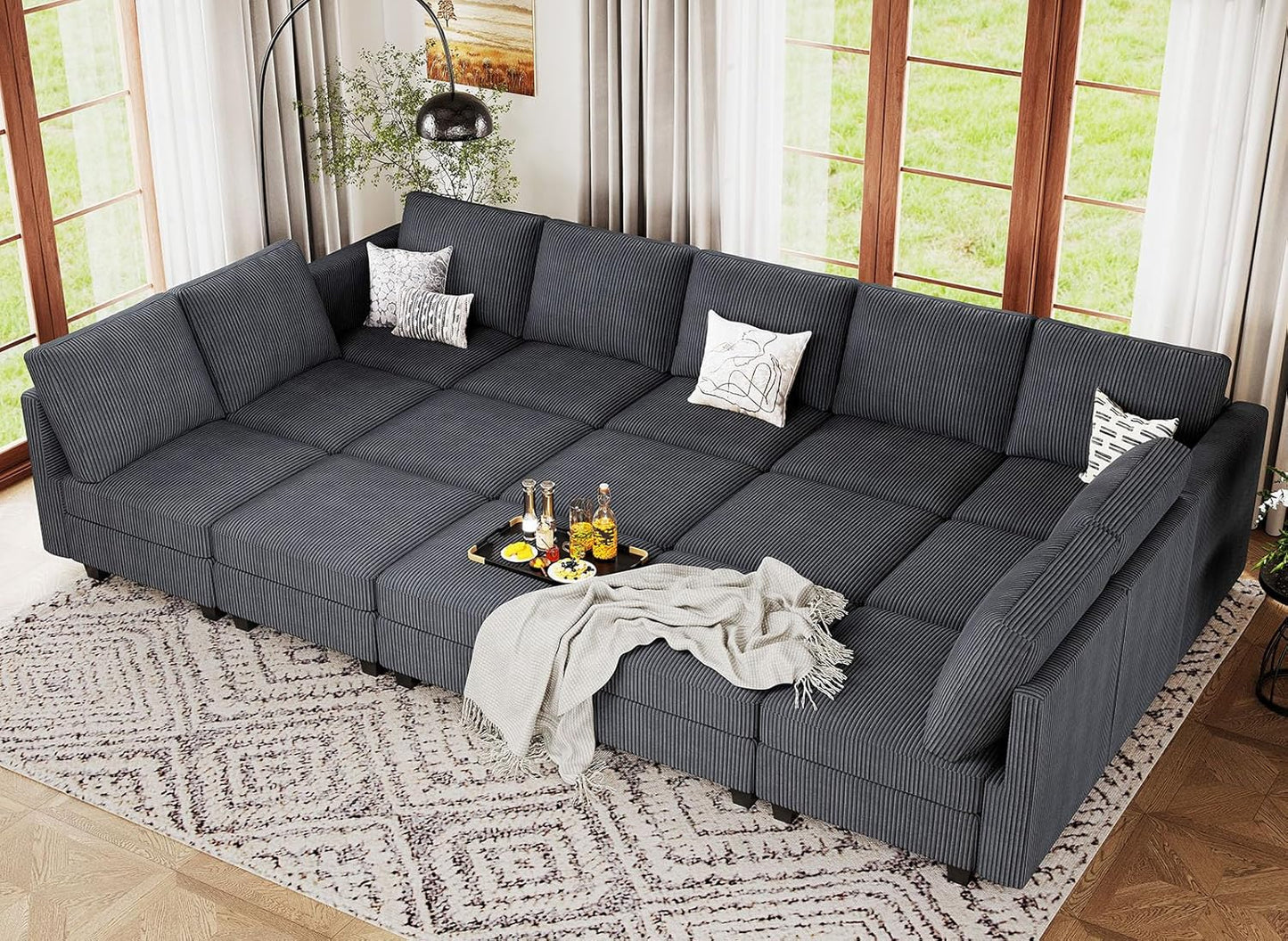 Belffin Large 15 Seat Modular Sectional Sofa with Storage Seat Corduroy Sleeper Sectional Sofa Bed Oversized Convertible Modular Couch for Living Room Dark Grey
