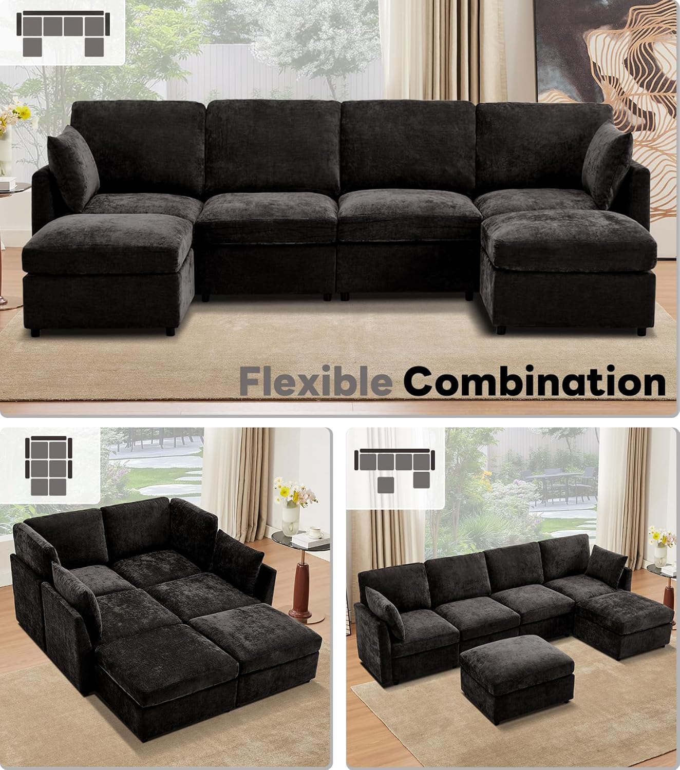 Tbfit Modular Sectional Couch, Sofa for Living Room, Chenille Cloud Couch with Ottoman 6 Seat, Black