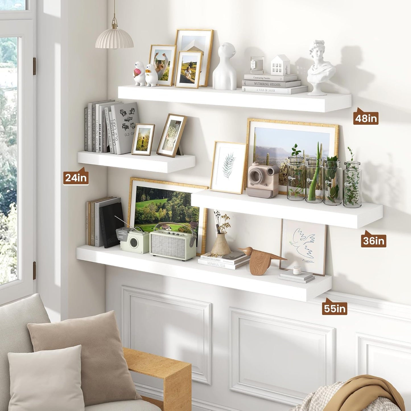 Heimlove 48" White Floating Shelves for Wall,10 Deep Rustic Wood Display & Storage Wall Shelves with Heavy Duty Brackets for Bathroom,Bedroom,Kitchen,Living Room,Office