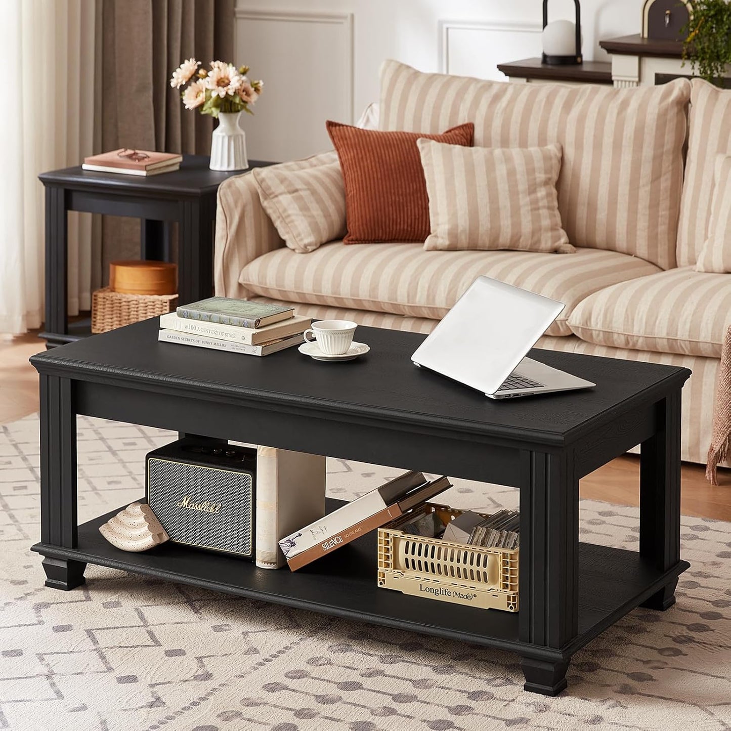 Farmhouse Coffee Tables for Living Room,Square Tea Table with Open Storage Shelf,Large Coffee Table,Rustic Wooden Center Table,Black