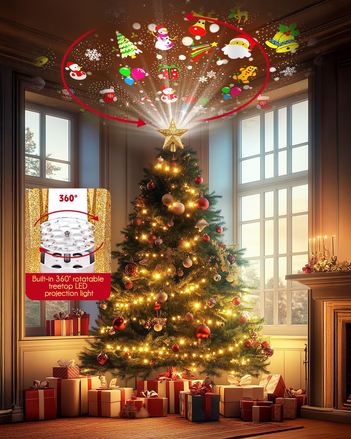 Brightown Christmas Tree Topper Lighted with 6 Projection Modes,9.8”Christmas Star Tree Topper with Built-in LED Rotating Lights,Tree Top with Golden Spangles Plated Plug in for Christmas Decorations