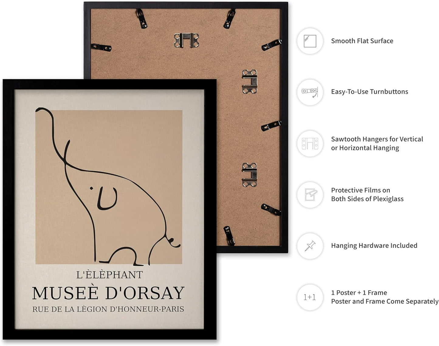 Poster Master Vintage Poster - Retro Minimalist Print - Gift for Artist, Housewarming - Elephant, Line Drawing, Sketch, Abstract - Wall Decor for Living Room, Bedroom, 8x10 Black Framed