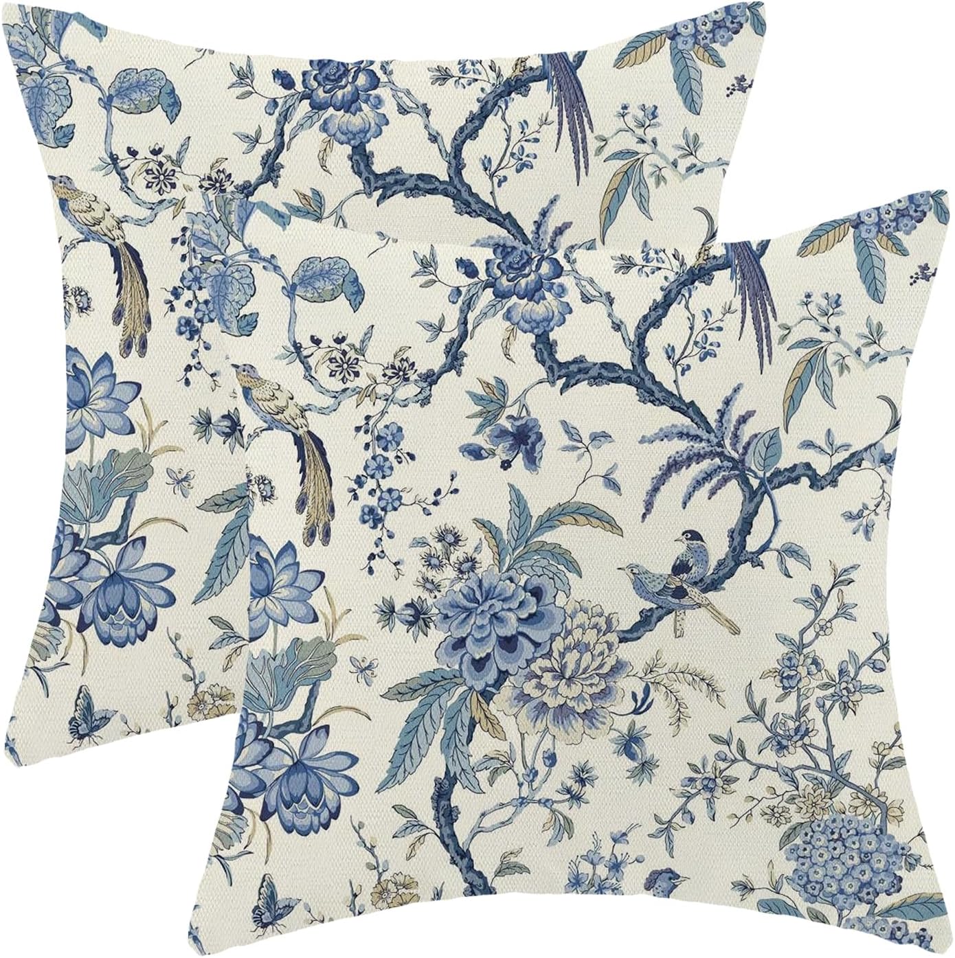 CXMEIFLY Spring Floral Birds Pillow Covers 18 x 18 Inch Set of 2 for Chinoiserie Flowers Decor Throw Pillows Blue and White Plant Outdoor Decorative Cushion Cases for Couch Bed Decorations