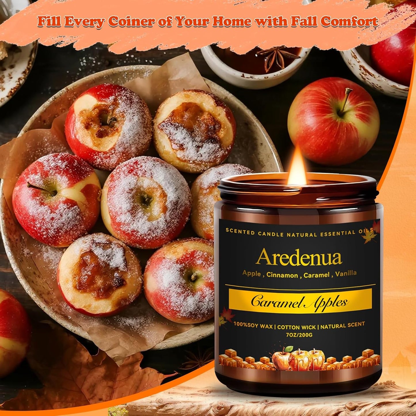 Fall Candles - Caramel Apple Candle | Fall Scented Candle, Thanksgiving Gifts - 7oz Autumn Soy Candles for Home Scented - Apple Scented for Thanksgiving, Autumn & Holiday Gift for Women Men