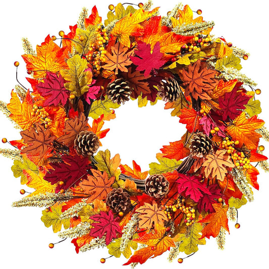 Fall Wreaths for Front Door, 24" Autumn Wreath with Berry Wood Maple Leaves and Pine Cones, Orange Thanksgiving Wreath for Outside Indoor Wall Window Home Festival Decor