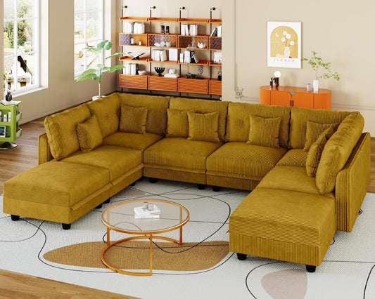 LLappuil Modular Sectional Sofa with Storage Seat, Corduroy Modular U Shaped Sectional Couch for Living Room, 8 Seat Oversized Sofa with 8 Back Cushion 8 Throw Pillow, Yellow