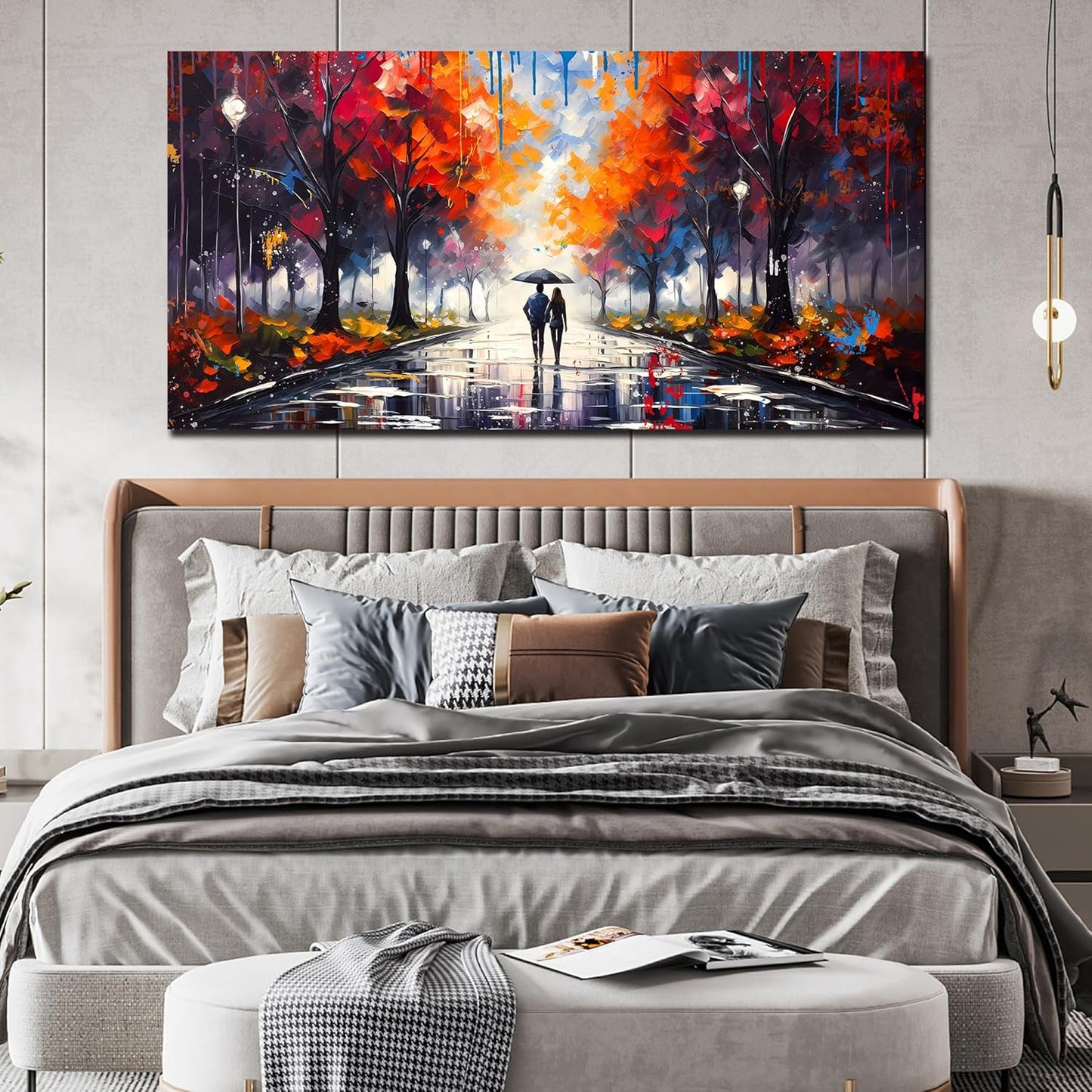 Large Canvas Wall Art for Living Room Bedroom Couple Walking in the Rain Picture Graffiti Red Tree Canvas Prints Framed Home Decor Size 24x48
