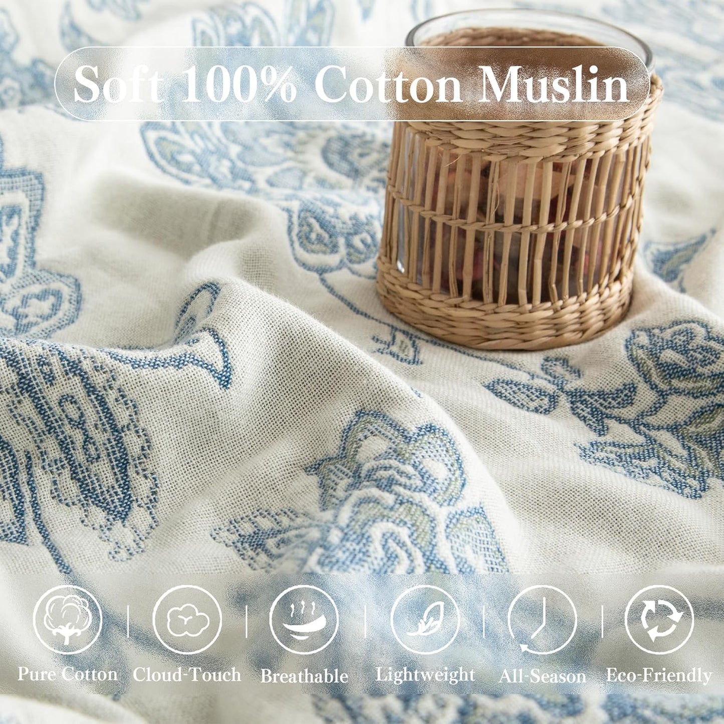 Boho Throw Blanket Full Size, Extra Large Soft Cozy Cotton Muslin Quilt Blanket for Bed Decor, Floral Patterned Couch Sofa Chair Cover, Vintage Farmhouse Cottage Woven Blanket, Blue&White