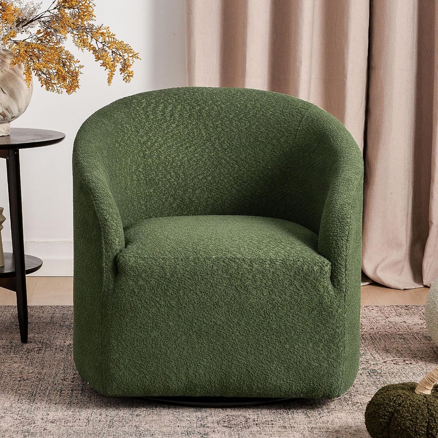 KINWELL 32" Wide Modern Boucle Swivel Barrel Chair, No Assembly Round Upholstered Swivel Accent Armchair for Living Room, Bedroom, Office (Green)