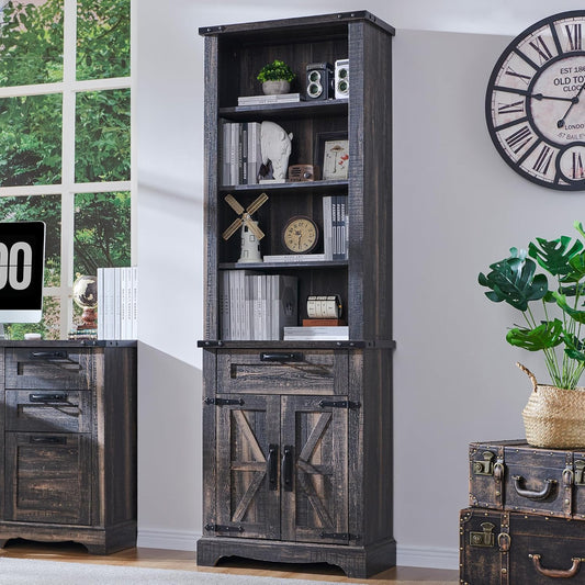 RedLemon Bookshelf with Storage Cabinet, 72" Tall Farmhouse Bookcase with Adjustable Shelves and Barn Door, 4 Tier Office Wood Bookshelf with Drawer for Office Library Living Room (Dark Rustic Oak)