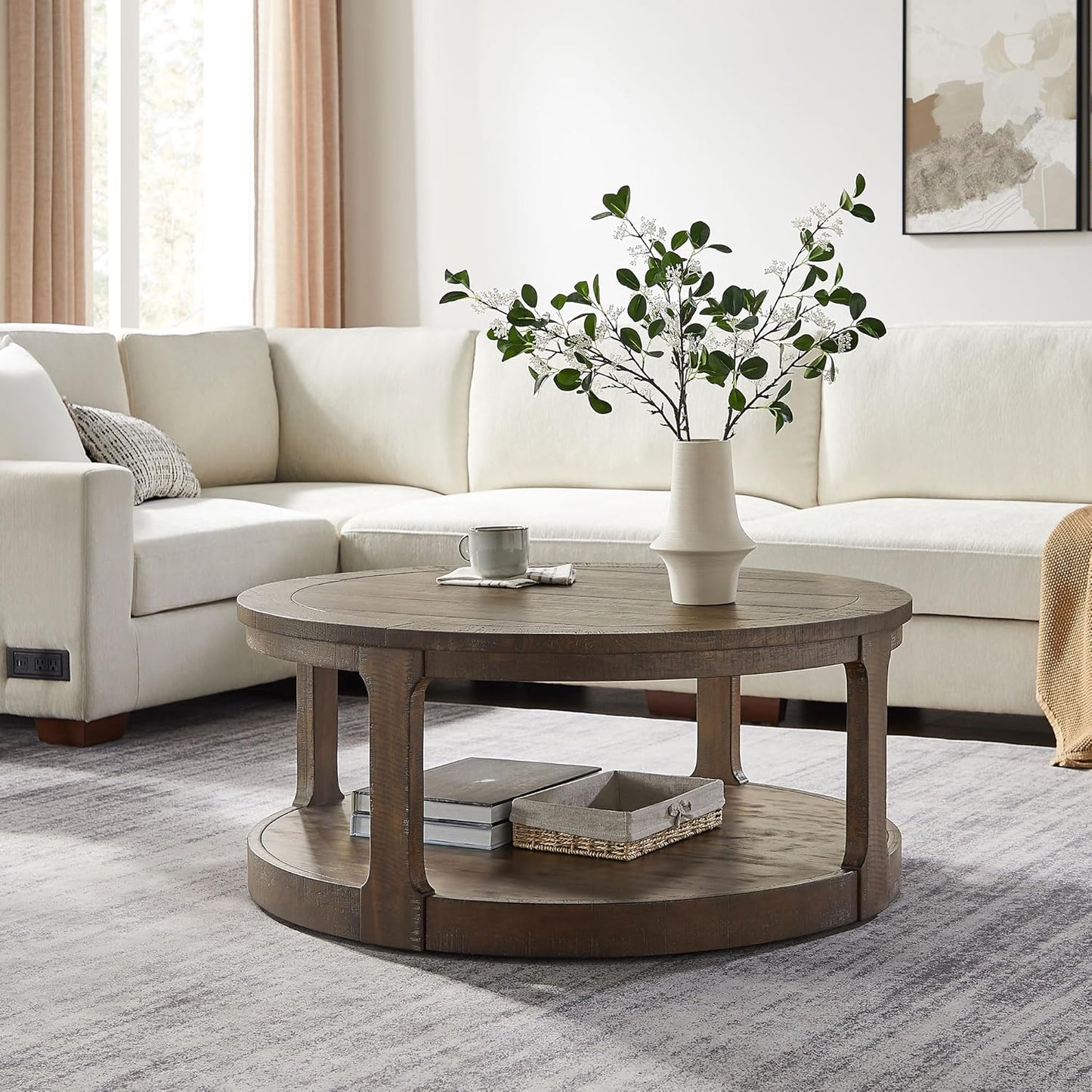 WILLIAMSPACE 40" Round Coffee Table with Wheels, Circle 2 Tier Solid Wood Center Coffee Table, Mid Century Retro Farmhouse Rounded End Table for Living Room Apartment, ø40 x 17.52" H (Dark Brown)