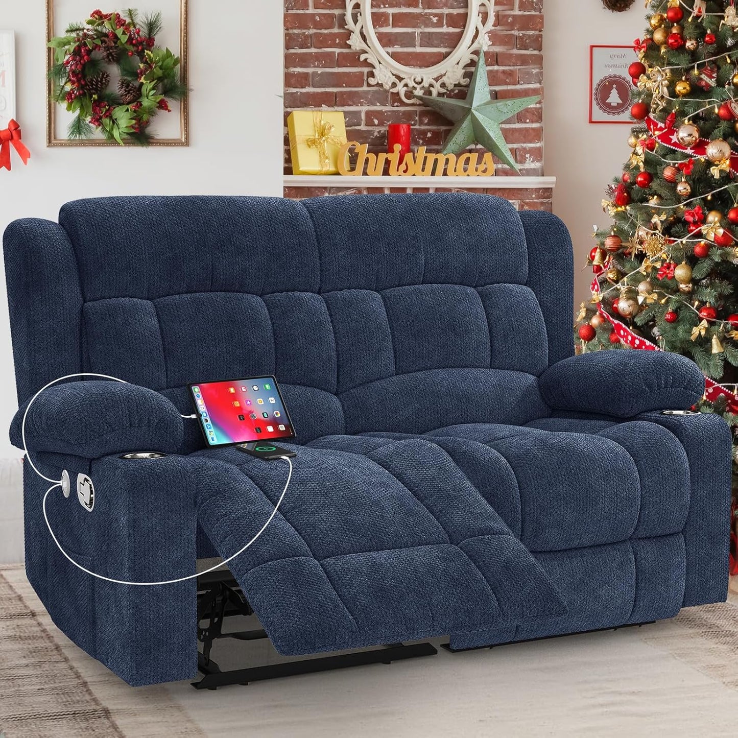 Loveseat Recliner Sofa, 2 Seater Minimalist Style Fabric Manual Pull Tab Reclining Loveseat with USB Charge Ports, Cup Holders, Recliner Love Seat Couches for Living Room, RV, Blue