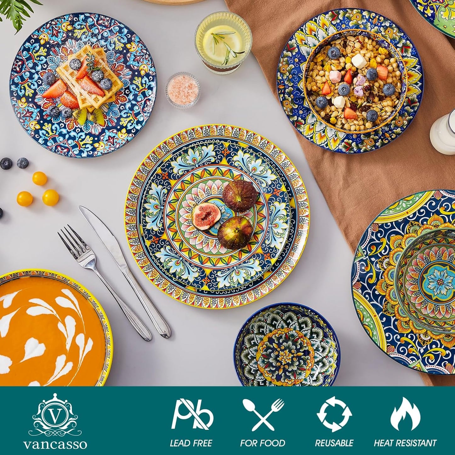 vancasso 24 Pieces Dinnerware Sets, Plates and Bowls Set, Porcelain Dishes Set for 6, Microwave and Dishwasher Safe, Scratch Resistant, Bohemian Style Dining Ware Service for 6, Series SIMI